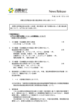 平成28年7月20日 消費生活用製品の重大製品事故に係る公表