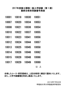 最終合格者受験番号発表 2017年度修士課程一般入学