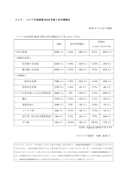 ロシア： ロシア石炭産業 2016 年第 1 四半期統計 - 石炭資源情報