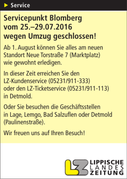 Servicepunkt Blomberg vom 25.–29.07.2016 wegen Umzug