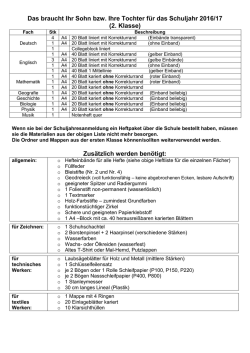 Das braucht Ihr Sohn bzw. Ihre Tochter für das Schuljahr 2016/17