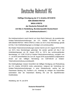 H&auml;lftige K&uuml;ndigung der 8 % Anleihe 2013/2018 ISIN