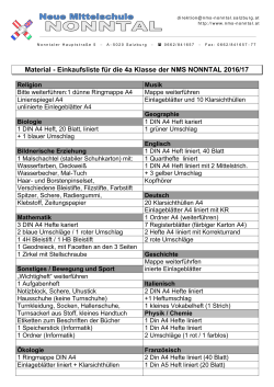 Material - Einkaufsliste für die 4a Klasse der NMS NONNTAL 2016/17