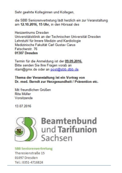 die SBB Seniorenvertretung lädt