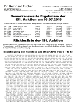Dr. Reinhard Fischer Bemerkenswerte Ergebnisse der 151. Auktion