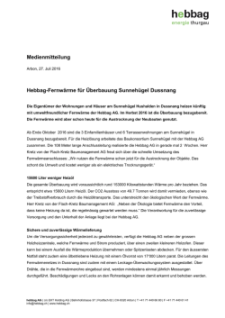 Hebbag-Fernw&auml;rme f&uuml;r &Uuml;berbauung Sunneh&uuml;gel Dussnang