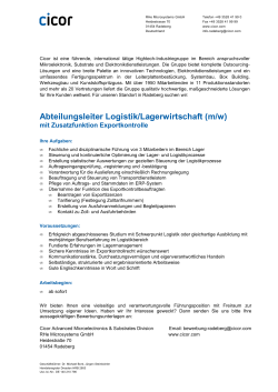 Abteilungsleiter Logistik/Lagerwirtschaft (m/w)