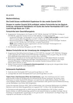 Die Credit Suisse veröffentlicht Ergebnisse für das zweite Quartal