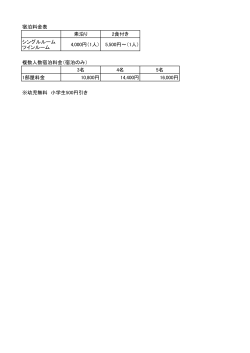 宿泊料金表 素泊り 2食付き シングルルーム ツインルーム 4,000円（1人