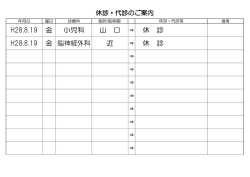 H28.8.19 金 小児科 山 口 ⇒ 休 診 H28.8.19 金 脳神経外科 近 休 診