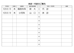 H28.8.18 木 胸部外科 新 大 ⇒ 代 診 H28.8.18 木 小児科 山 口 ⇒ 休 診