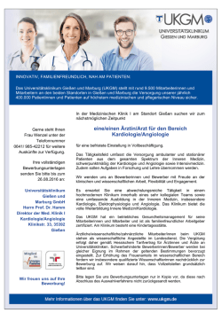 eine/einen &Auml;rztin/Arzt f&uuml;r den Bereich Kardiologie/Angiologie
