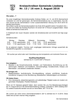 Kreisschreiben Gemeinde Liesberg Nr. 13 / 16 vom 2. August 2016