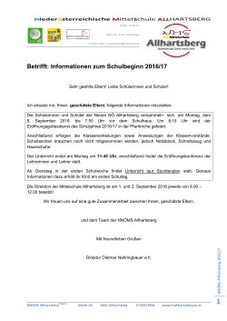 Betrifft: Informationen zum Schulbeginn 2016/17