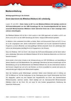 Emmi übernimmt die Mittelland Molkerei AG vollständig