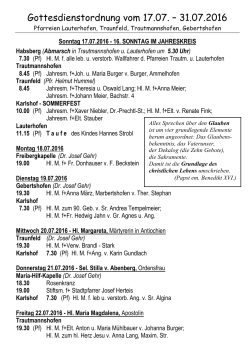 Gottesdienstordnung vom 17. bis 31. Juli 2016