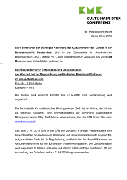 I B - Personal und Recht Bonn, 29.07.2016 Beim Sekretariat der