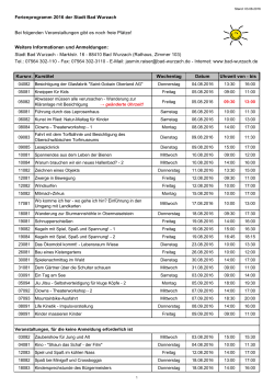 Ferienprogramm 2016 der Stadt Bad Wurzach Bei folgenden