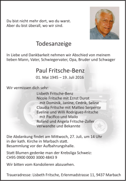 Todesanzeige Paul Fritsche-Benz