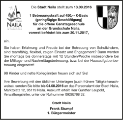 Die Stadt Naila stellt zum 13.09.2016 1 Betreuungskraft