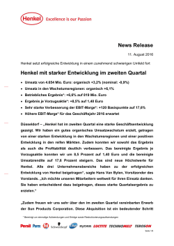 News Release Henkel mit starker Entwicklung im zweiten Quartal