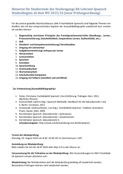 Hinweise für Studierende des Studiengangs BA Lehramt Spanisch