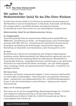 Wir suchen Sie: Medizintechniker (m/w) für das Elbe