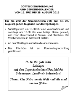 Gottesdienstordnung Sommerpfarrbrief 2016