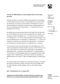 IT.NRW Ums&auml;tze der NRW-Industrie im ersten Halbjahr 2016 um 0,8