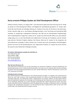 Kuros ernennt Philippe Saudan als Chief Development Officer