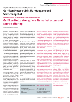 Oerlikon Metco stärkt Marktzugang und Serviceangebot Oerlikon