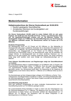 Halbjahresabschluss der Glarner Kantonalbank per 30.06.2016