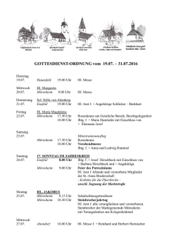 GOTTESDIENST-ORDNUNG vom 19.07. &ndash; 31.07.2016