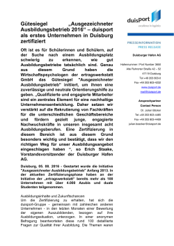 duisport als erstes Unternehmen in Duisburg zertifiziert