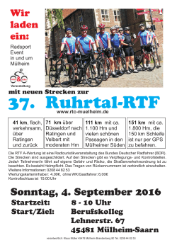 Wir laden ein: Sonntag, 4. September 2016 - Ruhrtal