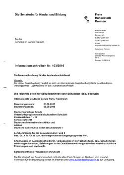 Informationsschreiben Nr. 103/2016 Schulleiter