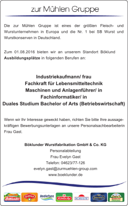 Industriekaufmann/ frau Fachkraft f&uuml;r Lebensmitteltechnik