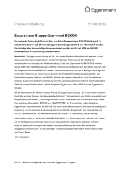Pressemitteilung 11.08.2016 Eggersmann Gruppe übernimmt BEKON