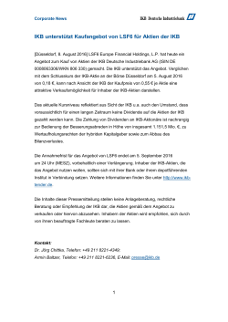 IKB unterst&uuml;tzt Kaufangebot von LSF6 f&uuml;r Aktien der IKB