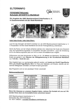 Information zur Ferienbetreuung im Schuljahr 2014/2015