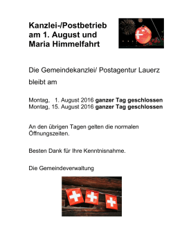 Kanzlei-/Postbetrieb am 1. August und Maria Himmelfahrt