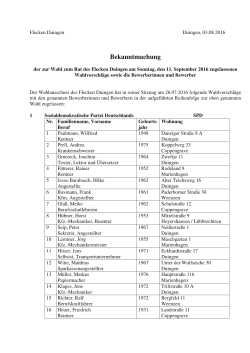 Bekanntmachung der Wahlvorschläge des Flecken Duingen 2016