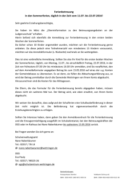 Informationen Ferienbetreuung 2016