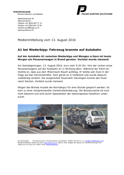 Medienmitteilung vom 13. August 2016 A1 bei Niederbipp