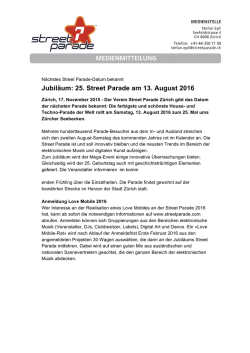 Jubil&auml;um: 25. Street Parade am 13. August 2016