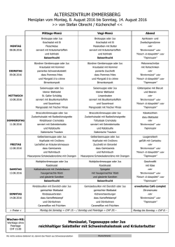 Men&uuml;plan f&uuml;r die Woche vom 8. August bis 14. August 2016