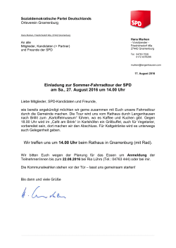 Einladung zur Sommer-Fahrradtour der SPD am Sa., 27. August
