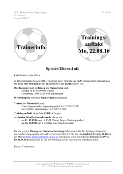 Trainerinfo Trainings- auftakt Mo, 22.08.16