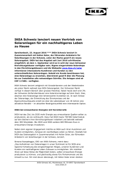IKEA Schweiz lanciert neuen Vertrieb von Solaranlagen f&uuml;r ein