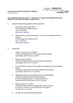 Die Stadtb&uuml;rgerschaft hat in ihrer 17. Sitzung am 23. August 2016